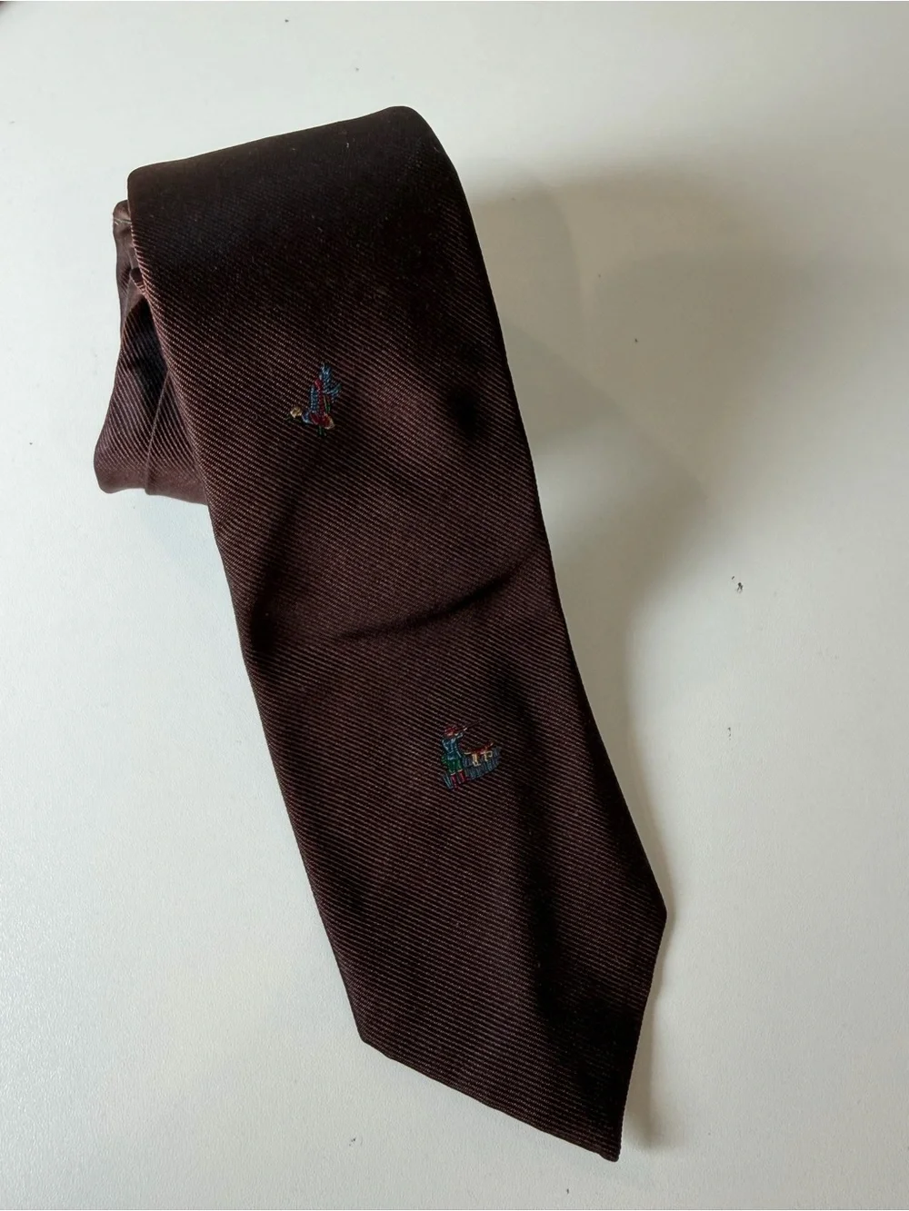 Polo Ralph Lauren Brown Silk Tie Embroidered  Hunting Pheasant Pattern Preppy